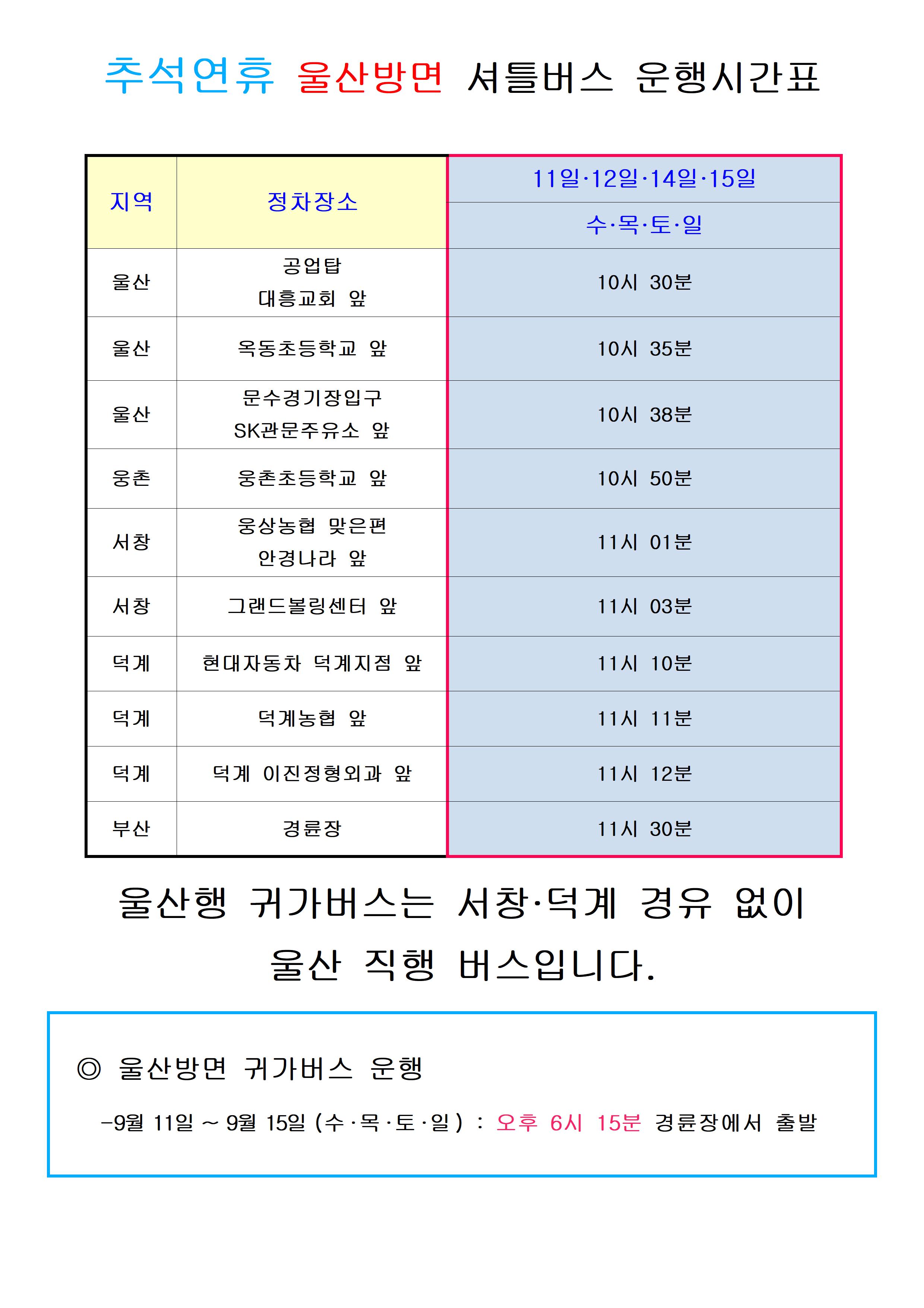 9월 11일~ 15일 스포원 울산방면 셔틀버스 시간표 입니다. 
서창 덕계방면 정차는 일시 중단이며 울산 직행 버스 입니다.
문의 : 1577-0880