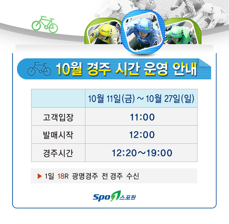 10월 11일(금) ~ 10월 27일(일)
고객입장 11:10
발매시작 12:00
경주시간 12:20~19:00
1일 18R 광명경주 전 경주 수신