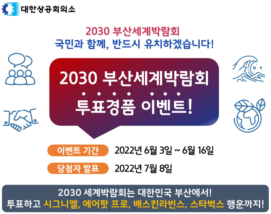 2030부산세계박람회 국민과 함께, 반드시 유치하겠습니다!

2030 부산세계박람회 투표경품 이벤트!
이벤트 기간 : 2022년 6월 3일 금요일 ~ 6월 16일 목요일
당첨자 발표 : 2022년 7월 8일 금요일
2030 세계박람회는 대한민국 부산에서!
투표하고 시그니엘, 에어팟 프로, 베스킨라빈스, 스타벅스 행운까지!